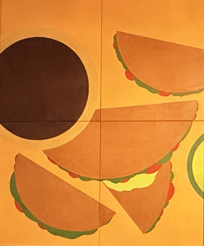 Joie — 한지 위 능화지에 겹쳐진 주황과 깊은 색의 조각들